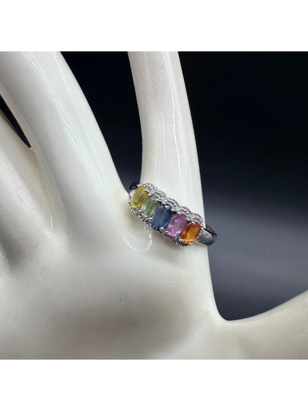 Vintage Sterling Silver Multicolor Gemstone Ring Rainbow Statement Size 10.75
